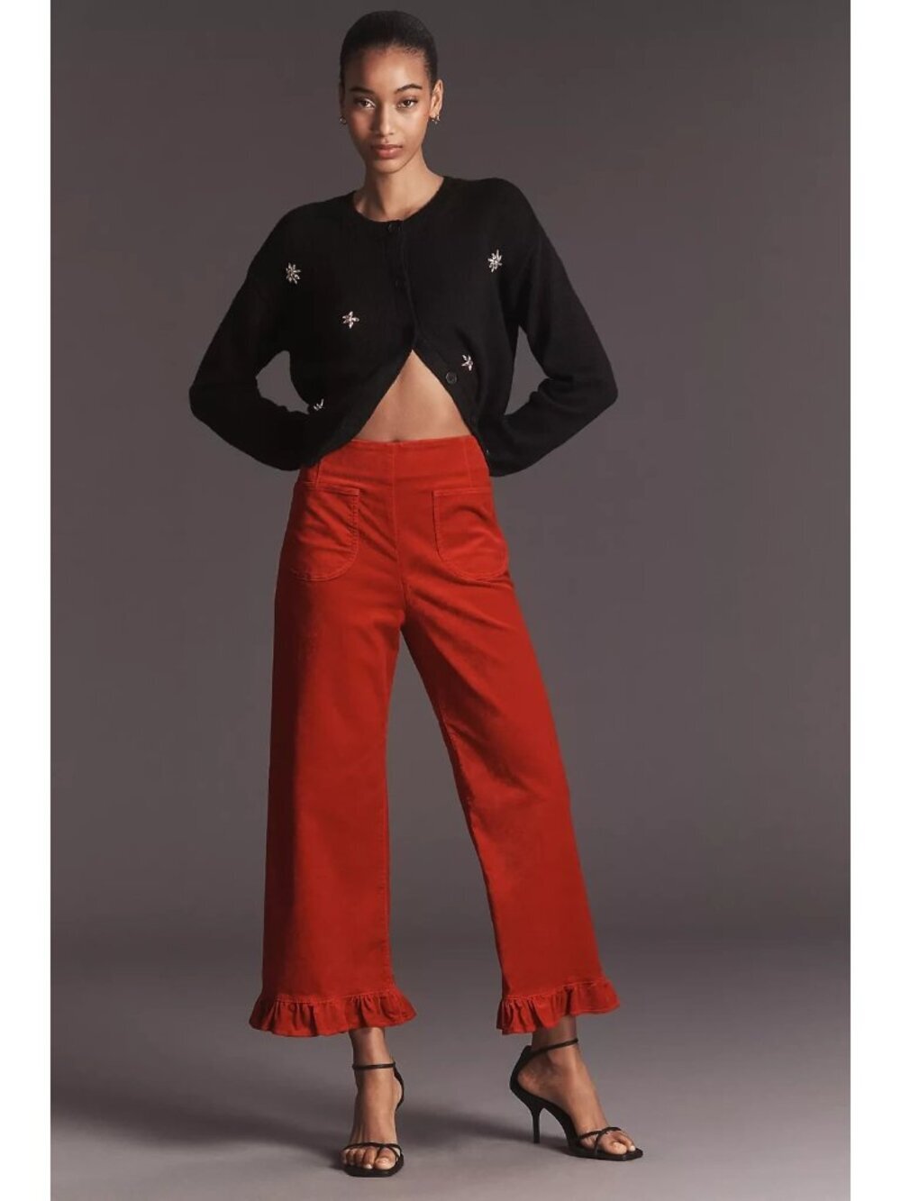 The Colette Crop Velvet Ruffle-Hem Pants by Maeve Red 32